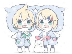 Rule 34 | 1boy, 1girl, aqua eyes, blonde hair, blush stickers, boots, chibi, coat, commentary, green mittens, hair ornament, hairclip, hood, hooded coat, kagamine len, kagamine rin, mittens, najo, red mittens, scarf, snow rabbit, snowflake hair ornament, snowflake print, snowflakes, snowing, snowman, vocaloid, white background, white scarf, winter