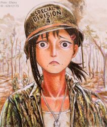 Rule 34 | 1boy, 2girls, absurdres, brown eyes, brown hair, cat, chainsaw man, collarbone, combat helmet, commentary, denji (chainsaw man), dog tags, efairu 666, english commentary, fatigues, fine art parody, forest, frown, hair ornament, hairclip, helmet, higashiyama kobeni, highres, jacket, looking at viewer, medium hair, meowy (chainsaw man), mole, multiple girls, multiple moles, nature, open clothes, open jacket, outdoors, parody, portrait, power (chainsaw man), shirt, single sidelock, soldier, solo focus, staring, straight-on, the two-thousand yard stare, thousand yard stare, tilted headwear, torn clothes, torn jacket, traditional media, tree, upper body, watermark, white shirt, wide-eyed