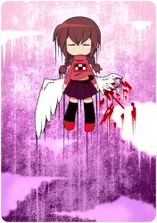 Rule 34 | 1girl, angel wings, black thighhighs, blood, bloody wings, border, braid, brown hair, closed eyes, cloud, feathered wings, flying, funamusea (style), madotsuki, no mouth, pink background, pink sweater, print sweater, purple skirt, red footwear, skirt, solo, sweater, thc (thc3795), thighhighs, turtleneck, turtleneck sweater, twin braids, white border, wings, yume nikki