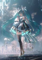 Rule 34 | 1girl, absurdres, aqua hair, aqua necktie, black footwear, black skirt, blush stickers, boots, city, closed eyes, closed mouth, collared shirt, commentary, detached sleeves, english commentary, full body, grey shirt, hair ornament, hatsune miku, high heels, highres, holding, holding microphone, konya karasue, long hair, microphone, music, necktie, open mouth, own hands together, pleated skirt, shirt, simple background, singing, skirt, solo, teeth, thigh boots, thighhighs, twintails, upper teeth only, very long hair, vocaloid, white background, wide sleeves