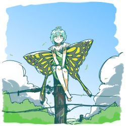 Rule 34 | 1girl, antennae, aqua hair, barefoot, blush, butterfly wings, closed mouth, dress, eternity larva, fairy, green dress, hair between eyes, highres, insect wings, leaf, leaf on head, multicolored clothes, multicolored dress, nama udon, short hair, single strap, sitting, smile, solo, touhou, wings, yellow eyes