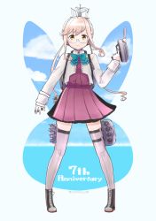 Rule 34 | 1girl, ahoge, anniversary, aqua bow, aqua bowtie, blue-framed eyewear, blush, boots, bow, bowtie, closed mouth, cloud, cross-laced footwear, dress, glasses, grey thighhighs, holding, jacket, kantai collection, lace-up boots, long hair, long sleeves, makigumo (kancolle), makigumo kai ni (kancolle), pink hair, purple dress, rigging, school uniform, sidelocks, sky, smile, solo, someno haru, standing, thighhighs, twintails, twitter username, white jacket, yellow eyes