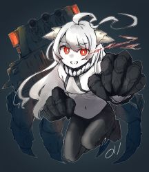 Rule 34 | 1girl, absurdres, abyssal ship, ahoge, black background, black pantyhose, claws, colored skin, glowing, glowing eyes, grin, hat, highres, horns, kantai collection, long hair, ma rukan, new battleship princess, pale skin, pantyhose, red eyes, ribs, rigging, signature, simple background, smile, solo, white hair, white skin