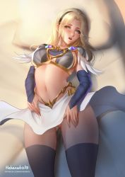 Rule 34 | armor, bed, bed sheet, black thighhighs, heheneko, lux (league of legends), lying, midriff, navel, no panties, on back, on bed, pelvic curtain, pussy, pussy peek, solo, stomach, thighhighs