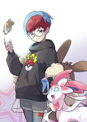 Rule 34 | 1girl, absurdres, blue hair, closed mouth, commentary request, creatures (company), game freak, gen 4 pokemon, gen 6 pokemon, glasses, grey eyes, hand in pocket, hand up, highres, hood, hoodie, long sleeves, looking down, multicolored hair, nintendo, pantyhose, penny (pokemon), pleated skirt, poke ball print, pokemon, pokemon (creature), pokemon sv, red hair, rotom, rotom phone, round eyewear, see-through, see-through skirt, short hair, short shorts, shorts, skirt, smile, sylveon, two-tone hair, yuro (mangasukinoyuro)