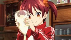 Rule 34 | 1girl, altar, animated, animated gif, book, bookshelf, bowl, cabinet, candle, flower, isshiki akane, jacket, jar, lowres, mayonnaise, non-web source, red eyes, red hair, solo, squeeze bottle, track jacket, twintails, vase, vividred operation