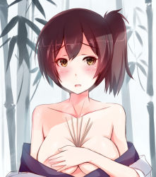Rule 34 | 10s, 1girl, bad id, bad pixiv id, bare shoulders, brown eyes, brown hair, covering privates, covering breasts, kaga (kancolle), kantai collection, short hair, shuuichi, side ponytail, solo