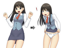 Rule 34 | !, 1girl, arrow (symbol), bow, bow panties, clothes lift, commentary request, constricted pupils, crotch seam, dress shirt, highres, lifting own clothes, long hair, looking at viewer, maburu (lojyq1eur3e8bit), multiple views, necktie, original, panties, pencil skirt, shirt, simple background, skirt, skirt lift, standing, underwear, vest, w arms