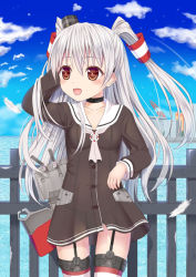 Rule 34 | 10s, 1girl, amatsukaze (kancolle), bad id, bad pixiv id, brown eyes, dress, garter straps, ikeda yuuki, kantai collection, long hair, panties, personification, sailor dress, school uniform, see-through, serafuku, short dress, silver hair, solo, striped clothes, striped thighhighs, thighhighs, twintails, two side up, underwear, zettai ryouiki