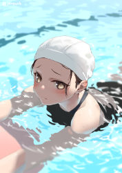 Rule 34 | 1girl, black one-piece swimsuit, blush, brown eyes, brown hair, closed mouth, jonsun, looking at viewer, misaki (jonsun), one-piece swimsuit, original, partially submerged, pool, raised eyebrows, short hair, solo, swimming, swimsuit, twitter username, wet