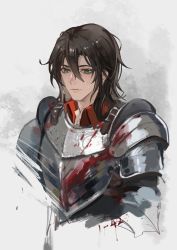 Rule 34 | 1boy, absurdres, armor, black hair, blood, blood splatter, blood stain, chinese commentary, commentary request, green eyes, highres, leonard mitchell, looking down, lord of the mysteries, medium hair, red shirt, shirt, smile, solo, sweat, white background, yanyangshengwu
