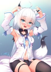 Rule 34 | :d, animal ear fluff, animal ears, armpits, arms up, artist name, bed sheet, black shorts, black thighhighs, blue eyes, blue neckwear, blush, breasts, commentary request, detached sleeves, fox ears, fox girl, fox tail, gmkj, hair between eyes, highres, hololive, hood, hood down, long hair, long sleeves, looking at viewer, low ponytail, medium breasts, navel, nose blush, open mouth, shirakami fubuki, shirakami fubuki (1st costume), short shorts, shorts, signature, sitting, smile, solo, star (symbol), tail, thighhighs, very long hair, virtual youtuber, white hair, white sleeves, wide sleeves