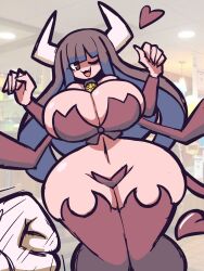 Rule 34 | 1girl, breasts, brown eyes, brown hair, cleavage, curvy, demon girl, demon tail, disgaea, dutch angle, eyelashes, fang, female focus, gensin, heart, huge breasts, long hair, looking at viewer, maebari, matching hair/eyes, monster girl, one eye closed, open mouth, photo background, pov, shiny skin, solo, standing, succubus (disgaea), tail, thick thighs, thighs, w arms, wide hips, wink