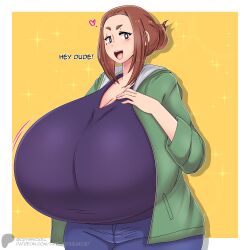 Rule 34 | 1girl, absurdres, blush, breasts, brown eyes, brown hair, cleavage, crysnickel, curvy, female focus, gigantic breasts, heart, highres, kaii to otome to kamikakushi, looking at viewer, matching hair/eyes, mole, mole under eye, ogawa sumireko, short eyebrows, short hair, solo