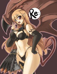 Rule 34 | 1girl, bad id, bad pixiv id, blush, bra, breasts, cleavage, collar, curvy, demon girl, demon tail, demon wings, elbow gloves, fang, fingerless gloves, gloves, hand on own hip, head wings, hip focus, large breasts, lingerie, long hair, lord of vermilion, momio, navel, open mouth, orange hair, panties, pointy ears, purple eyes, solo, succubus (lord of vermilion), tail, thighhighs, underwear, underwear only, v, wide hips, wings