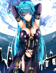 Rule 34 | 1girl, adjusting hair, arms up, bad id, bad pixiv id, black thighhighs, blue eyes, blue hair, breasts, cafe au lait (kafeore), cleavage, cloud, detached collar, elbow gloves, elf, full moon, gloves, large breasts, long hair, matching hair/eyes, moon, original, pointy ears, sky, smile, solo, thigh gap, thighhighs, very long hair