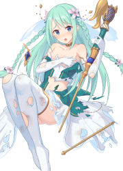 Rule 34 | 1girl, aqua hair, bare shoulders, blue eyes, blush, braid, choker, covering privates, covering breasts, flower, hair flower, hair ornament, highres, jewelry, long hair, looking at viewer, original, scepter, solo, tamakaga, thighhighs, torn clothes, torn thighhighs, twin braids, white thighhighs