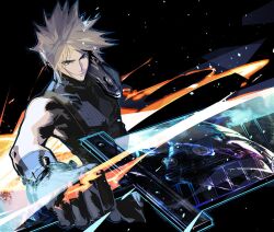 Rule 34 | 1boy, armor, black gloves, blonde hair, buster sword, closed mouth, cloud strife, cofffee, final fantasy, final fantasy vii, final fantasy vii remake, gloves, holding, holding sword, holding weapon, huge weapon, male focus, pauldrons, ribbed sweater, shoulder armor, single bare shoulder, sleeveless, sleeveless turtleneck, solo, spiked hair, sweater, sword, turtleneck, turtleneck sweater, vambraces, weapon