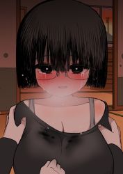 Rule 34 | 1boy, 1girl, bedroom, black eyes, black hair, black shirt, blush, bob cut, bra strap, breasts, breath, cleavage, crying, crying with eyes open, glasses, hand on own chest, hands on another&#039;s arms, happy, heart, heart-shaped pupils, highres, large breasts, looking at viewer, loose clothes, loose shirt, original, pale skin, pov, shirt, short hair, sweat, nervous sweating, symbol-shaped pupils, tears, zurikishi