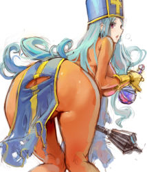 Rule 34 | 1girl, ass, bent over, bodysuit, breasts, commentary request, dragon quest, dragon quest iii, hat, kazo (kazozakazo), large breasts, long hair, looking at viewer, looking back, mitre, orange bodysuit, potion, priest (dq3), simple background, solo, torn clothes, white background