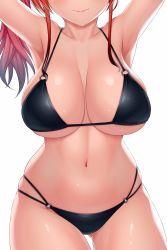 Rule 34 | 1girl, absurdres, armpits, arms up, asamura hiori, azur lane, bare shoulders, bikini, black bikini, breasts, cleavage, collarbone, head out of frame, highres, large breasts, long hair, navel, official alternate costume, ponytail, red hair, sidelocks, smile, solo, swimsuit, thighs, zara (azur lane), zara (poolside coincidence) (azur lane)