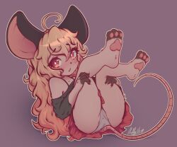 Rule 34 | 1girl, animal ears, animal feet, animal nose, blonde hair, blush, body fur, commission, fluffyusagii, furry, furry female, hair between eyes, highres, long hair, looking at viewer, mouse ears, mouse girl, open mouth, panties, pantyshot, pawpads, red eyes, skirt, solo, tail, two-tone fur, underwear