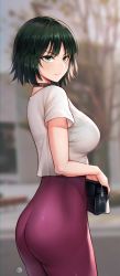 Rule 34 | 1girl, absurdres, ass, bag, black choker, blurry, blurry background, bodysuit, bodysuit under clothes, breasts, choker, closed mouth, day, depth of field, from side, fubuki (one-punch man), green eyes, green hair, handbag, highres, holding, holding bag, hua-j, large breasts, looking at viewer, looking to the side, one-punch man, outdoors, pink lips, purple bodysuit, shirt, short hair, short sleeves, skin tight, smile, solo, v-shaped eyebrows, white shirt
