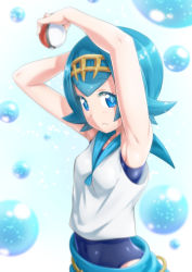 Rule 34 | 1girl, alternate color, armpits, arms up, blue eyes, blue hair, blue sailor collar, blurry, blush, breasts, bubble, closed mouth, covered navel, creatures (company), depth of field, game freak, hairband, highres, holding, lana (pokemon), looking at viewer, matching hair/eyes, nintendo, one-piece swimsuit, pants, poke ball, poke ball (basic), pokemon, pokemon sm, sailor collar, sazanami tarou, shiny clothes, shiny skin, shirt, short hair, skin tight, sleeveless, small breasts, smile, solo, swimsuit, swimsuit under clothes, trial captain, upper body