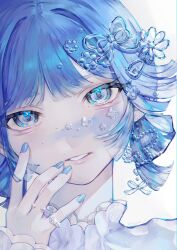 Rule 34 | 1girl, blue eyes, blue hair, blue nails, blue theme, earrings, hair ornament, hairclip, jewelry, looking at viewer, nekome toworu, open mouth, original, piercing, portrait, ring, short hair, simple background, smile, white background