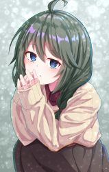 Rule 34 | 1girl, ahoge, black skirt, blue eyes, blush, braid, brown sweater, collared shirt, commentary request, dress shirt, green hair, hair between eyes, hair over shoulder, highres, long hair, long sleeves, looking at viewer, nenosame, parted lips, princess connect!, red shirt, shirt, skirt, sleeves past wrists, solo, sweater, twin braids, yuni (princess connect!), yuni (real) (princess connect!)