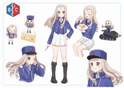 Rule 34 | 1girl, absurdres, bc freedom (emblem), bc freedom military uniform, blonde hair, blouse, blue headwear, blue jacket, blue vest, blush, boots, cake, closed eyes, crumbs, eating, emblem, food, fork, fruit, ft-17, girls und panzer, green eyes, hand fan, hand in own hair, hand on own hip, hat, heart, high collar, highres, huge filesize, jacket, long hair, long sleeves, looking at viewer, marie (girls und panzer), military, military vehicle, miniskirt, motor vehicle, multiple views, one eye closed, open mouth, plate, pleated skirt, reisaki (tokisaki24), shako cap, shirt, simple background, sitting, skirt, smile, standing, strawberry, tank, thighs, tongue, vest, white background, white shirt, white skirt