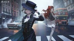 Rule 34 | 2girls, black coat, blonde hair, brooch, building, bus, car, coat, double-decker bus, dress, fog, formal, frilled dress, frills, green eyes, hat, highres, jewelry, london, motor vehicle, multiple girls, official art, outdoors, red hair, reflection, reverse:1999, road, sonetto (reverse:1999), standing, steam, street, suit, thighhighs, tuxedo, vertin (reverse:1999), white thighhighs, yellow eyes, yetecong