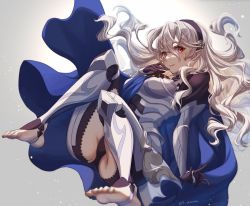 Rule 34 | 1girl, arm guards, armor, ass, black gloves, blonde hair, blue cape, breastplate, cape, closed mouth, clothing cutout, commentary, corrin (female) (fire emblem), corrin (fire emblem), eyelashes, feet, fire emblem, fire emblem fates, floating, floating hair, full body, gloves, grey background, hair between eyes, hairband, highres, karashino, knees up, leaning back, leg armor, legs, long hair, looking at viewer, nintendo, no shoes, pointy ears, red eyes, slit pupils, soles, solo, stirrup legwear, thigh cutout, thighs, toeless legwear, toes