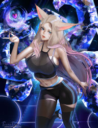 Rule 34 | 1girl, ahri (league of legends), alternate costume, animal ears, bike shorts, black thighhighs, blonde hair, blue eyes, breasts, cleavage, crystal tail, eyeshadow, facial mark, forehead, fox ears, fox tail, heart, high heels, k/da (league of legends), large breasts, league of legends, long hair, looking at viewer, makeup, midriff, multiple tails, navel, open mouth, pink hair, see-through, solo, sports bra, tail, teemu taiga, the baddest ahri, thighhighs, whisker markings