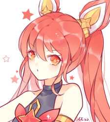 Rule 34 | 1girl, alternate costume, alternate hair color, alternate hairstyle, bare shoulders, bow, hair ornament, jinx (league of legends), league of legends, long hair, magical girl, red bow, red eyes, red hair, solo, star guardian (league of legends), star guardian jinx, twintails, very long hair
