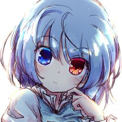Rule 34 | 1girl, absurdres, blue eyes, blue hair, blue vest, commentary request, hand up, heterochromia, highres, isu (is88), looking at viewer, medium hair, portrait, red eyes, shirt, solo, tatara kogasa, touhou, vest, white background, white shirt
