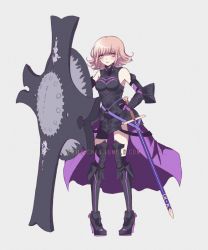 Rule 34 | 1girl, ankle boots, armor, armored dress, bare shoulders, black dress, black thighhighs, boots, breasts, commentary, criis-chan, crossover, danganronpa (series), danganronpa 2: goodbye despair, dress, fate (series), flipped hair, full body, gauntlets, grey background, high heel boots, high heels, holding, holding shield, large breasts, looking at viewer, mash kyrielight, nanami chiaki, pink eyes, pink hair, shield, short hair, simple background, sleeveless, solo, sword, thighhighs, tumblr username, watermark, weapon, web address