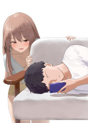 Rule 34 | 1boy, 1girl, black hair, blush, brown hair, cellphone, closed mouth, couch, holding, holding phone, kaisen chuui, long hair, looking at another, looking at phone, lying, on side, original, parted lips, phone, shirt, smartphone, smile, white background, white shirt