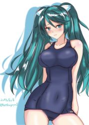 Rule 34 | absurdres, alternate costume, arms behind back, bad id, bad twitter id, bare shoulders, blush, breasts, cowboy shot, dated, green eyes, green hair, hair ribbon, highres, inactive account, isuzu (kancolle), kantai collection, large breasts, long hair, looking at viewer, maruhi (neetkaguya1), name tag, one-hour drawing challenge, one-piece swimsuit, ribbon, school swimsuit, simple background, swimsuit, twintails, twitter username, white background, white ribbon