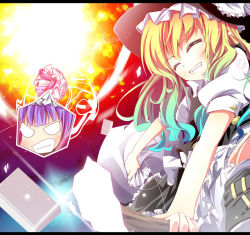 Rule 34 | 2girls, :d, ^ ^, angry, blonde hair, blush, closed eyes, danmaku, empty eyes, female focus, hat, kirisame marisa, letterboxed, multiple girls, nanamomo rio, nanamomorio, o o, open mouth, patchouli knowledge, puffy short sleeves, puffy sleeves, royal flare, short sleeves, smile, touhou, upper body, witch hat