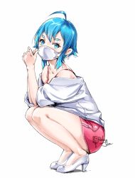 Rule 34 | 1girl, ahoge, bare legs, bare shoulders, blue eyes, blue hair, covered mouth, dress, elbows on knees, from side, full body, hands up, high heels, jacket, looking at viewer, mask, mouth mask, off shoulder, original, pink dress, relaxjon, short dress, short hair, sidelocks, simple background, sleeveless, sleeveless dress, solo, squatting, white background, white footwear, white jacket