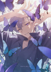 Rule 34 | 1boy, 2023, aiue o eiua, black shirt, bug, butterfly, collared shirt, dated, highres, idolish7, insect, light purple hair, long sleeves, male focus, one eye closed, osaka sougo, purple butterfly, purple eyes, shirt, short hair, smile, solo, teeth, white background