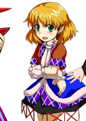 Rule 34 | 1girl, arm warmers, bad id, bad pixiv id, blonde hair, crossed arms, dai-erie, green eyes, horns, mizuhashi parsee, open mouth, pointy ears, scarf, short hair, simple background, single horn, smile, solo, touhou, white background