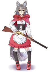 Rule 34 | 1girl, animal ear fluff, animal ears, apron, black socks, blouse, capelet, closed mouth, commentary request, corset, fingernails, full body, grey hair, gun, hair between eyes, holding, holding gun, holding weapon, hood, hood up, hooded capelet, jaco, kneehighs, little red riding hood, little red riding hood (grimm), long sleeves, looking at viewer, neck ribbon, original, red capelet, red footwear, red ribbon, red skirt, ribbon, rifle, shirt, shoes, short hair, simple background, skirt, sleeves past wrists, socks, solo, trigger discipline, underbust, waist apron, weapon, white apron, white background, wolf ears, yellow eyes
