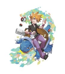 Rule 34 | 1boy, absurdres, black footwear, black shirt, blastoise, blue oak, brown eyes, brown hair, collared shirt, commentary, creatures (company), fanny pack, game freak, gen 1 pokemon, grey bag, grin, highres, holding, holding poke ball, jewelry, male focus, necklace, nintendo, official art, pants, poke ball, poke ball (basic), pokemon, pokemon (creature), pokemon frlg, purple pants, saitou naoki, shirt, shoes, short hair, smile, spiked hair, symbol-only commentary, teeth, ultra ball, wristband