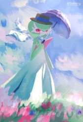 Rule 34 | 1girl, arm at side, artist name, black headwear, blue scarf, blue sky, boater hat, bob cut, clothed pokemon, cloud, colored skin, creatures (company), day, female focus, field, flat chest, flower, flower field, full body, game freak, gardevoir, gen 3 pokemon, grass, green hair, green skin, hair between eyes, half-closed eyes, hand up, highres, holding, holding umbrella, looking at viewer, multicolored skin, nintendo, open mouth, outdoors, parasol, pokemon, pokemon (creature), red eyes, red flower, scarf, short hair, signature, sky, solo, standing, striped clothes, striped scarf, tilted headwear, tsukkon, twitter username, two-tone skin, umbrella, white skin