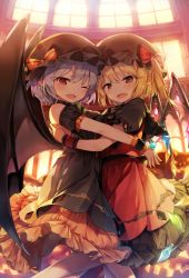 Rule 34 | 2girls, :d, ;d, bad id, bad pixiv id, bat wings, black dress, black hat, blonde hair, bow, capelet, dress, fang, flandre scarlet, frilled skirt, frills, halloween, hat, hat bow, hug, indoors, jack-o&#039;-lantern, light purple hair, looking at viewer, mob cap, multiple girls, one eye closed, one side up, open mouth, orange bow, orange skirt, pointy ears, red bow, red eyes, red skirt, remilia scarlet, revision, shnva, siblings, sisters, skirt, skirt set, slit pupils, smile, striped, striped bow, touhou, wings, wrist cuffs