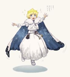 Rule 34 | 1boy, blonde hair, blue eyes, cape, cosplay, crown, fate/grand order, fate (series), flying, fur-trimmed cape, fur trim, highres, male focus, oberon (fate), oberon (fate) (cosplay), rakikoko, signature, simple background, sparkle, voyager (fate), white background