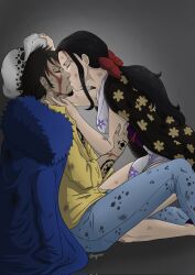 Rule 34 | 1boy, 1girl, arm tattoo, black hair, blood, blood on face, breasts, bsgpiece, cape, closed mouth, couple, denim, earrings, facial hair, fur cape, fur hat, goatee, hand tattoo, hat, hetero, highres, japanese clothes, jeans, jewelry, kimono, kiss, large breasts, long hair, nico robin, one piece, pants, shirt, short hair, sitting, tattoo, trafalgar law, yellow shirt