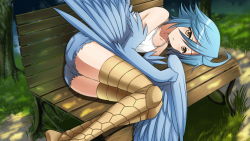 Rule 34 | 1girl, ahoge, artist request, ass, bare shoulders, bench, bird legs, blue hair, breasts, denim, denim shorts, feathered wings, feathers, forest, game cg, hair between eyes, harpy, looking at viewer, lying, medium hair, monster girl, monster musume no iru nichijou, monster musume no iru nichijou online, nature, official art, on bench, on side, outdoors, papi (monster musume), parted lips, short shorts, shorts, sidelocks, small breasts, solo, tank top, white tank top, winged arms, wings, yellow eyes